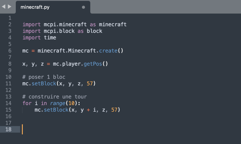 Code Python pour Minecraft